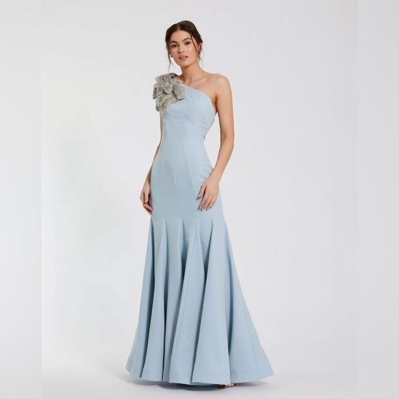 Mac Duggal 11810 Womens Blue Crepe One Shoulder Gown Dress With Flower - Picture 2 of 14